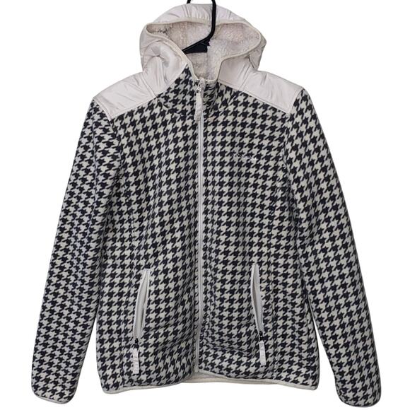 Columbia Houndstooth Ivory Black Hooded Zip up Jacket Size Medium side pockets - Picture 1 of 12